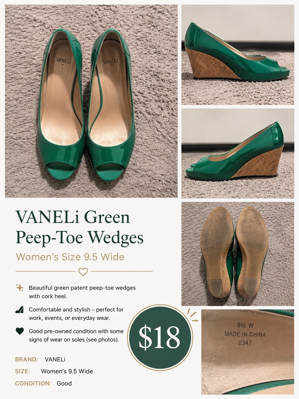 VANELi Green Patent Peep-Toe Wedge Heels